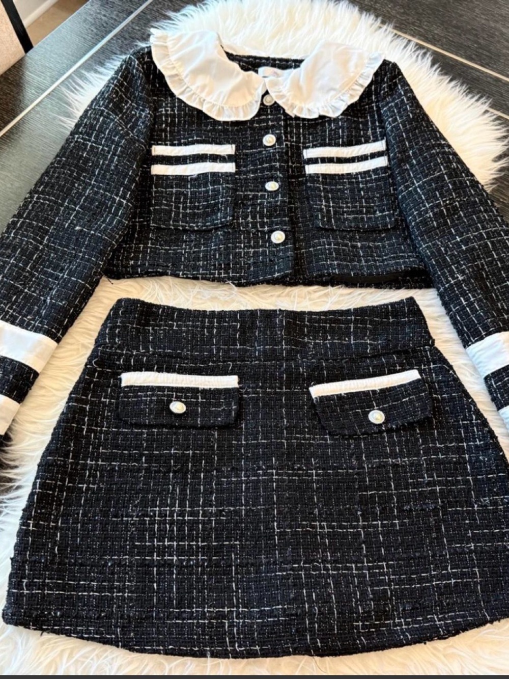 Black & White Tweed Crop Blazer and Skirt Set